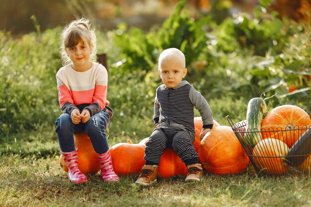 Leuke childresnzitting op een tuin dichtbij vele pompoenen