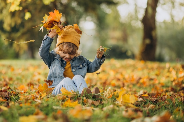 Leuke jongen die met bladeren speelt in het herfstpark.