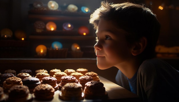 Leuke jongens lachend zich overgeven aan zoete zelfgemaakte dessert gegenereerd door ai