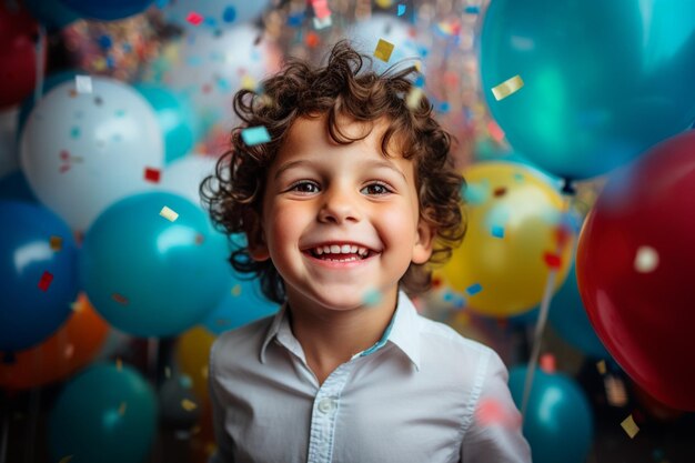 Leuke kleine jongen met ballonnen verjaardagsfeestje met plezier