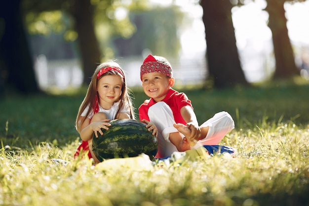 Leuke kleine kinderen met watermeloenen in een park