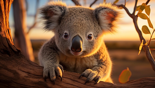 Gratis foto leuke koala zit op een eucalyptusboom en kijkt naar een camera gegenereerd door kunstmatige intelligentie