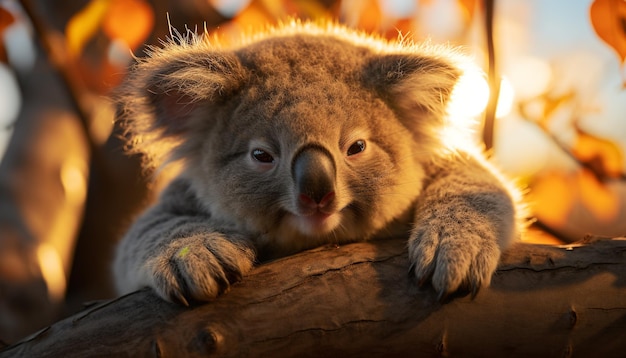 Leuke koala zit op een tak en kijkt naar een camera in de natuur gegenereerd door kunstmatige intelligentie