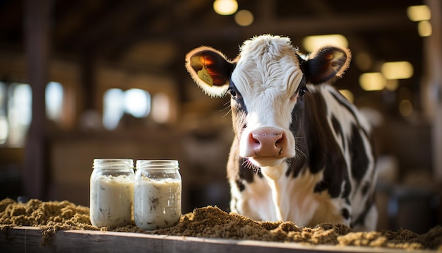 Gratis foto leuke koe op de boerderij drinkt verse melk in de buitenlucht gegenereerd door kunstmatige intelligentie
