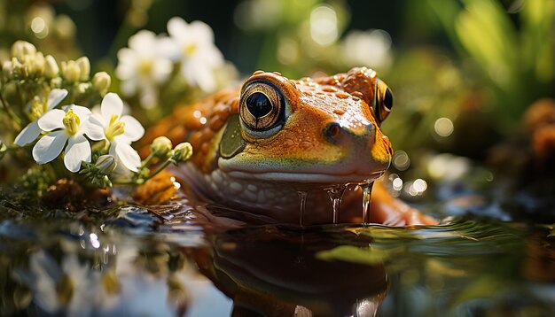 Gratis foto leuke pad die op een blad zit en naar de camera kijkt in een vijver gegenereerd door kunstmatige intelligentie