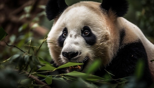 Leuke panda die bamboe eet in tropisch bos gegenereerd door ai