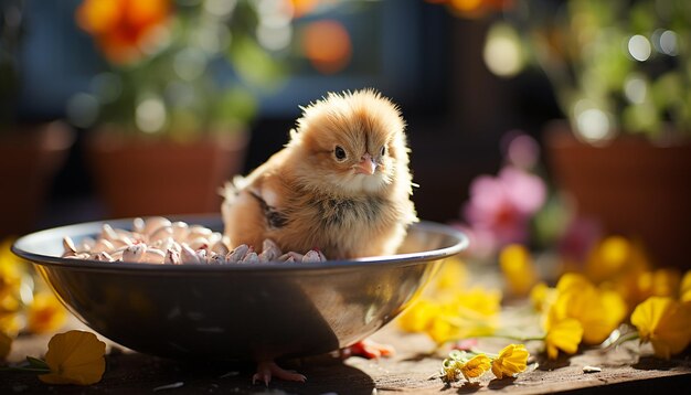 Leuke pluizige kitten spelen met een speelgoed buiten in de lente gegenereerd door kunstmatige intelligentie