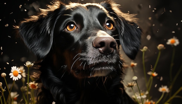 Leuke puppy zit in het gras en kijkt naar de camera met onschuld gegenereerd door kunstmatige intelligentie