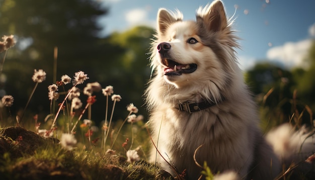 Leuke puppy zit in het gras en kijkt naar de camera speels gegenereerd door kunstmatige intelligentie