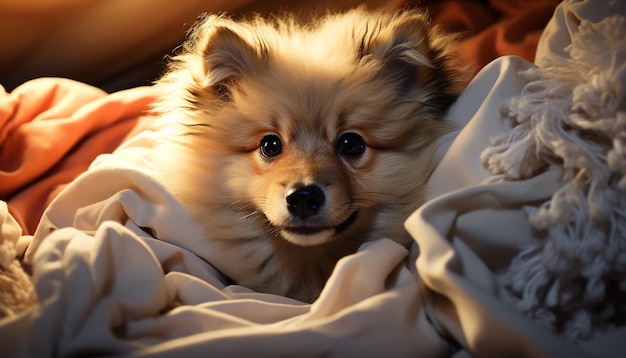 Leuke puppy zit op bed en kijkt naar de camera speels gegenereerd door kunstmatige intelligentie