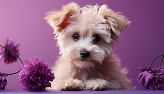 Gratis foto leuke puppy zit te kijken naar de camera omringd door paarse bloemen gegenereerd door kunstmatige intelligentie