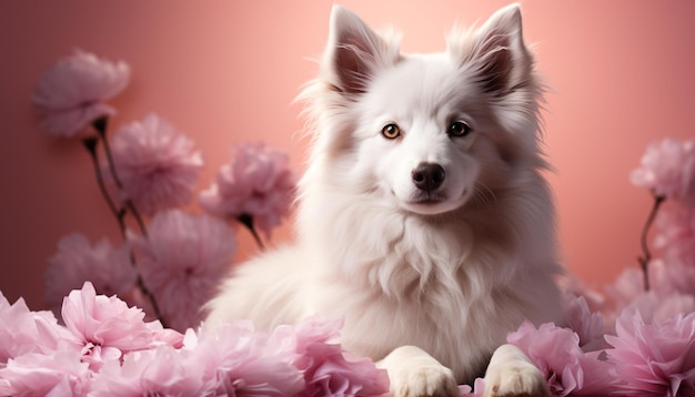 Gratis foto leuke puppy zit te kijken naar de camera omringd door roze bloemen gegenereerd door kunstmatige intelligentie