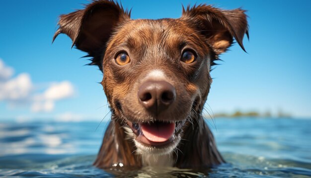 Leuke puppy zwemt in het water en geniet van zomerplezier buitenshuis gegenereerd door kunstmatige intelligentie