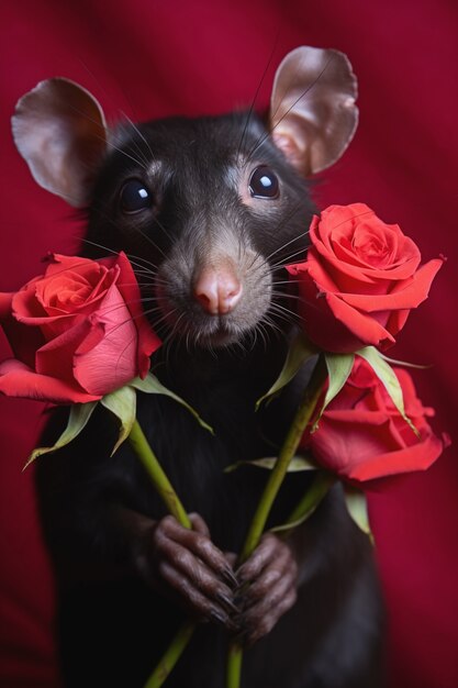 Leuke rat met bloemen in studio
