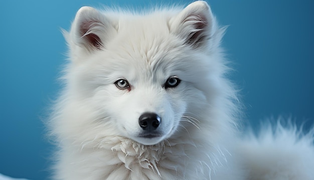 Gratis foto leuke samoyed puppy zit in de sneeuw en kijkt naar een camera gegenereerd door ai