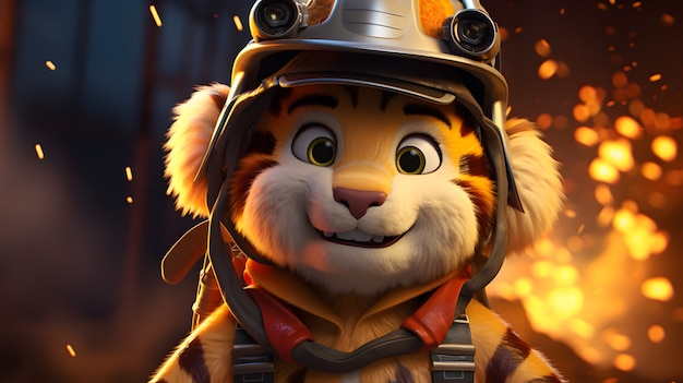 Leuke tijger die brandweermanoutfit draagt