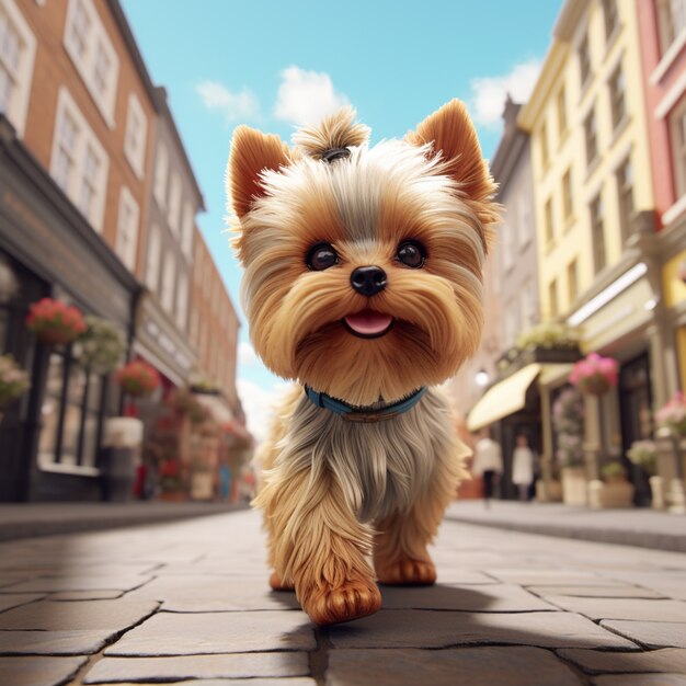 Leuke Yorkshire Terrier in de stad.