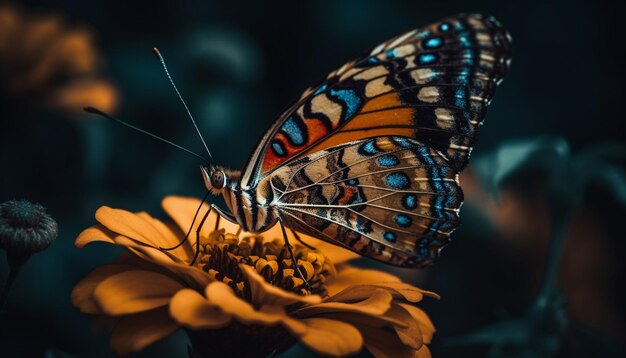 Levendig vlindervleugelpatroon op gele bloem gegenereerd door AI