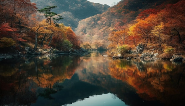 Gratis foto levendige herfstkleuren reflecteren op rustige vijver gegenereerd door ai