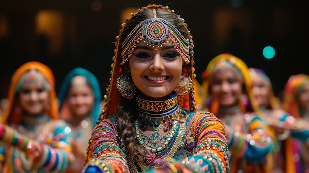Gratis foto levendige kleuren portret van vrouw bij navratri viering