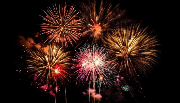 Levendige kleuren verlichten exploderend vuurwerk tijdens een feest gegenereerd door AI