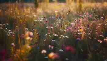 Gratis foto levendige wilde bloemen bloeien in een rustige weidezonsondergang gegenereerd door ai