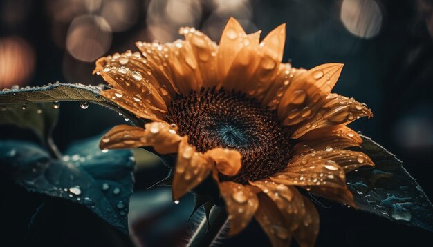 Levendige zonnebloemdauwdruppel reflecteert helder zomerzonlicht gegenereerd door AI