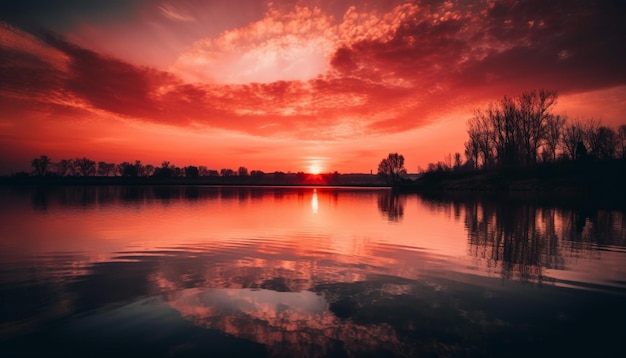 Levendige zonsondergang weerspiegelt in rustige waterscène gegenereerd door AI