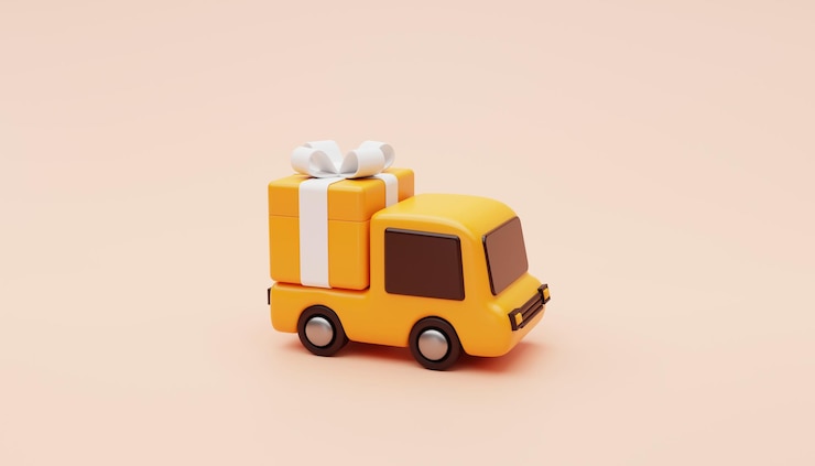 Gratis Foto levering vrachtwagen met geschenkdoos aanwezig verrassing of gratis verzending snelle levering auto leveren express levering transport logistiek concept achtergrond 3d-rendering illustratie