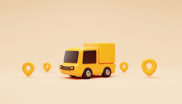 Levering vrachtwagen met locatie pin tracking verzending snelle levering auto leveren express levering transport logistiek concept achtergrond 3D-rendering illustratie