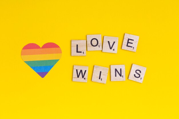 Lgbt hart pictogram en woord liefde wint op houten blokken