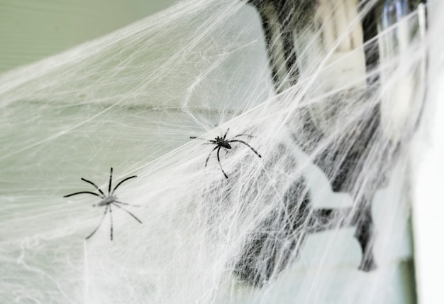 Lichte post met spinnenweb op Halloween