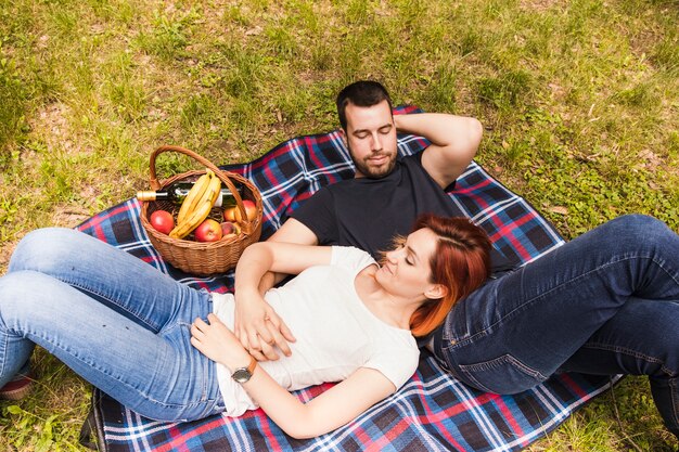 Liefdevolle jong koppel ontspannen op de picknick in het park