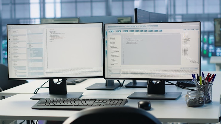 Gratis Foto lijnen code die op computerschermen in een datacentrum draaien