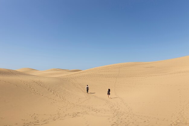 Long shot mensen die in de woestijn lopen