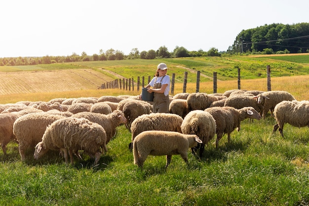 Long shot vrouw met emmer buitenshuis