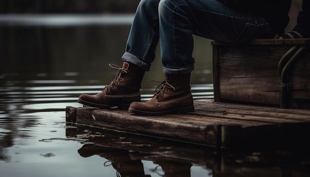 Lopen op de steiger met door AI gegenereerde leren laarzen