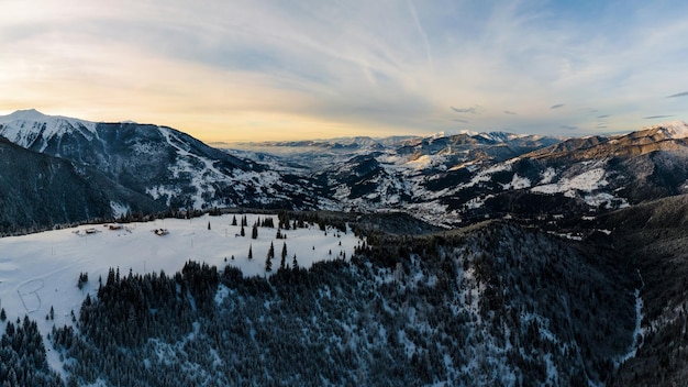 Luchtfoto drone panoramisch uitzicht op de Karpaten in de winter Roemenië Kale bos en sneeuw