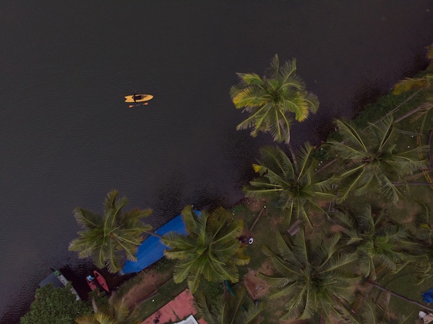 Gratis foto luchtfoto van boten op het strand met palmbomen