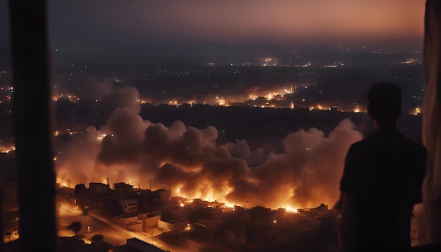 Gratis foto luchtfoto van de stad 's nachts met een silhouet van een man op de voorgrond