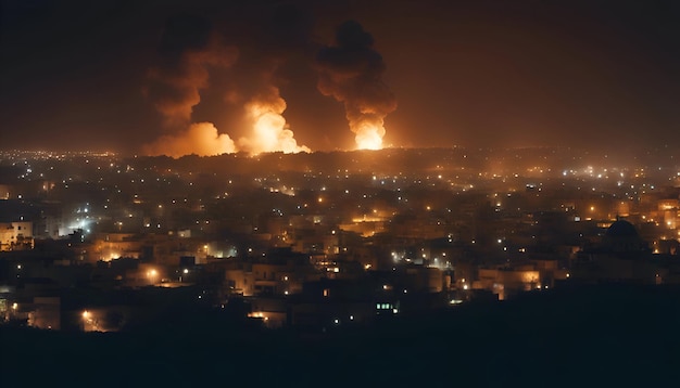 Gratis foto luchtfoto van een brandende stad 's nachts vuur in de stad