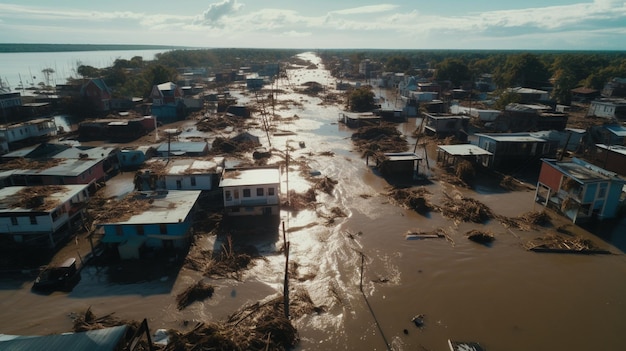 Luchtfoto van een overstroming en natuurlijke verwoesting