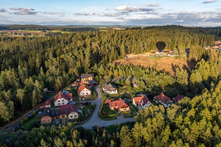 Gratis Foto luchtfoto van gebouwen omgeven door bomen