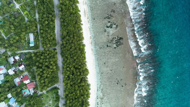 Luchtfoto van het strand met de golven van de zee en de jungle van de Malediven