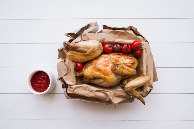 Luchtmening van heerlijke geroosterde kip in pakpapier met tomatensaus over houten lijst