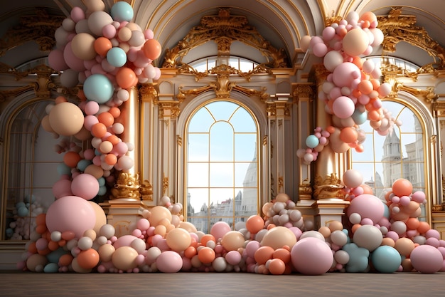 luxe barok frame en pastelballonnen in het midden van de digitale achtergrond van de kamer