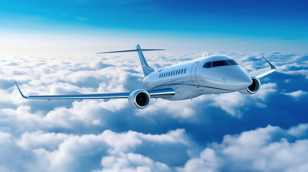 Luxe design privéjet die over de wolken vliegt AI gegenereerd beeld