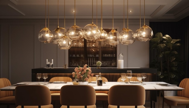 Luxe eetkamer met elegante kroonluchterverlichting gegenereerd door AI