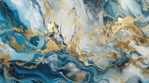 Luxe marmeren achtergrond Digitale kunst marmering textuur Blauw goud Ai gegenereerd beeld