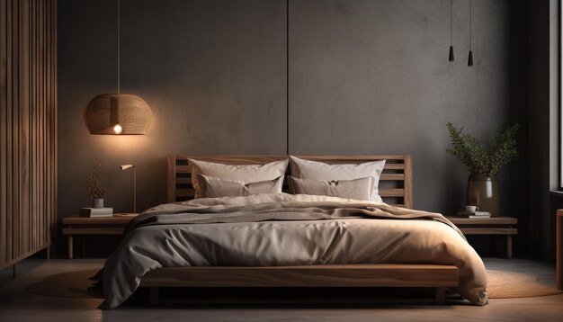 Luxe moderne slaapkamer met comfortabel tweepersoonsbed gegenereerd door AI